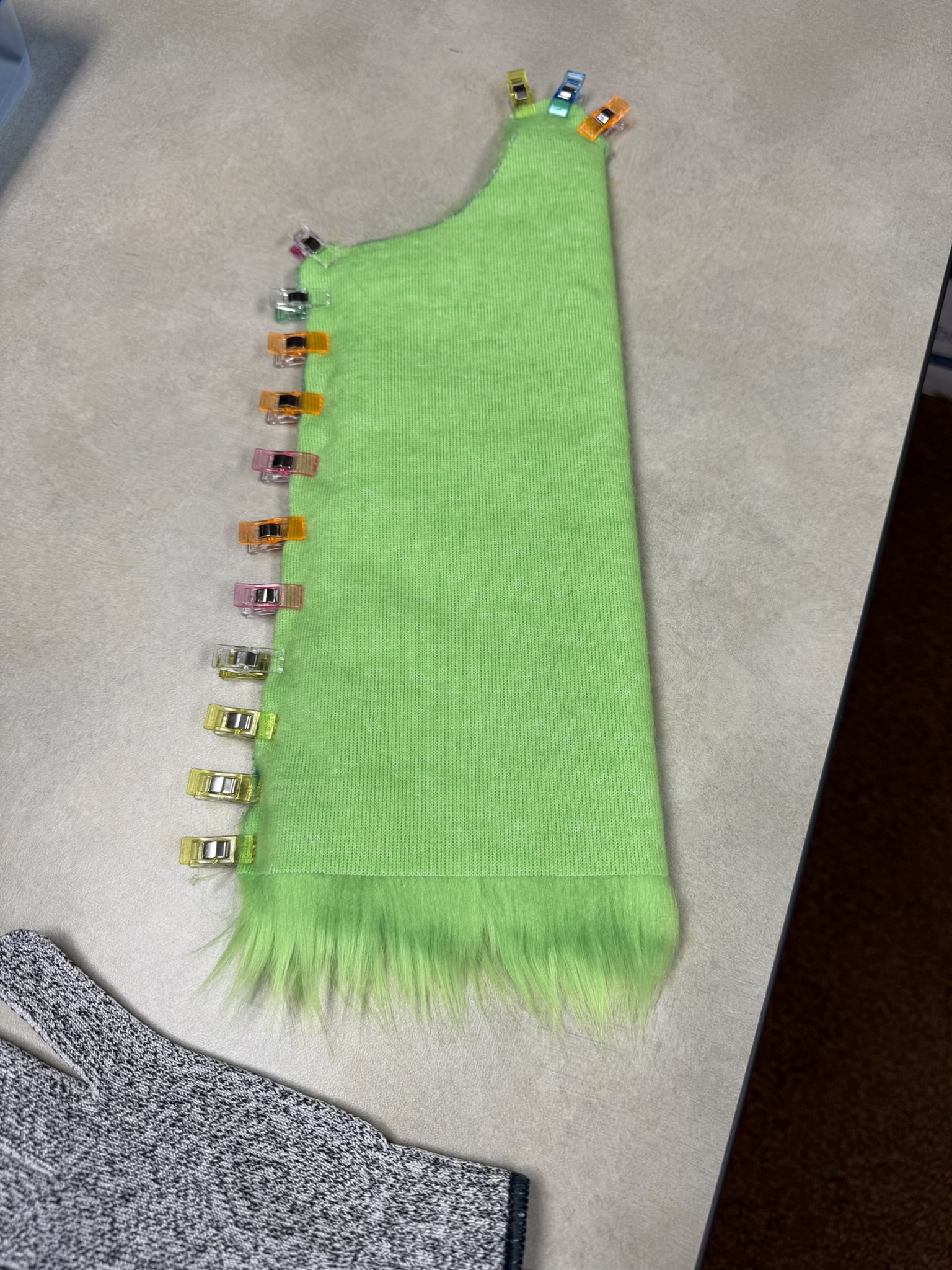 Sewing setup with thread, needles, and clips ready for snoof assembly