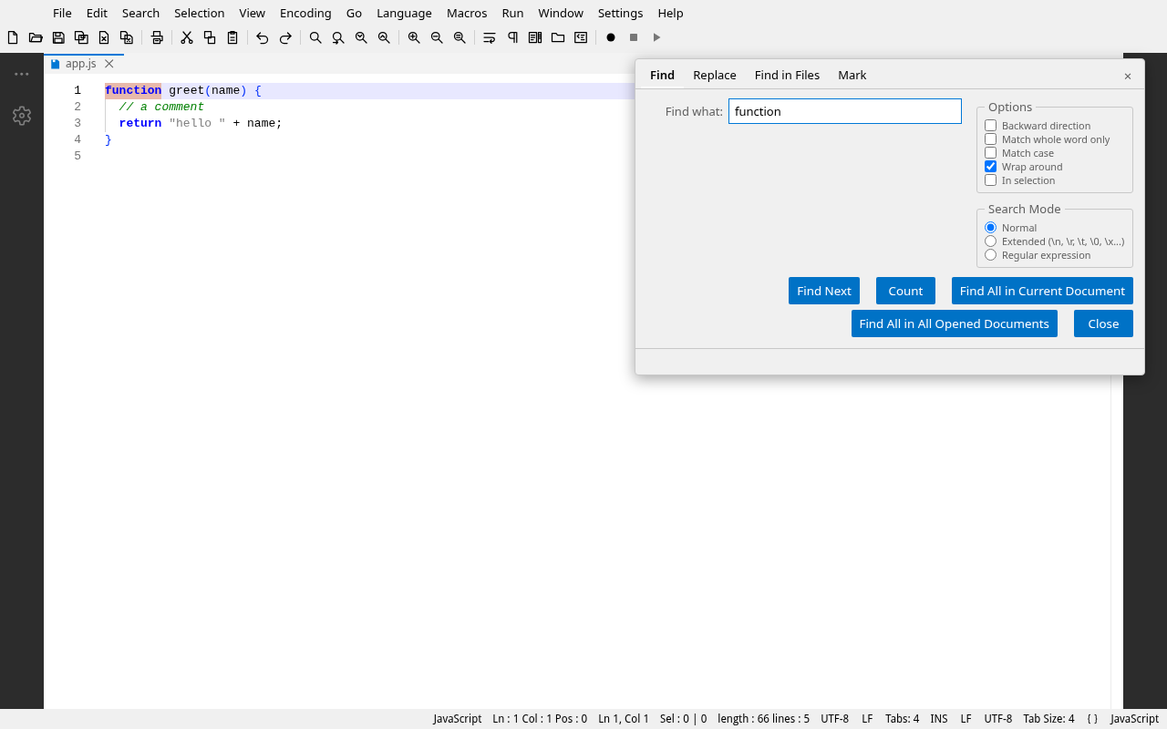 The tabbed Find dialog